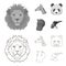 Panda, giraffe, hippopotamus, penguin, Realistic animals set collection icons in outline,monochrome style vector symbol