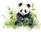 panda is illustrated in watercolor with bamboo.