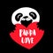 Panda Love. Cartoon bear and big red heart on black background.