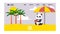 Panda lsitting on beach under sun umbrella banner web design vector illustration. Cute little bear having rest on