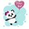 Panda with a pink bow holds a pink ball in the paws, in the style of cartoons.