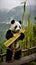 A panda playing a traditional Taiwanese musical instrument, the guqing, against the backdrop of beautiful Taiwanese scenery.
