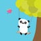 Panda ride on the swing. Green tree. Flying pink bird. Cute fat cartoon character. Kawaii baby collection. Love card. Flat design.
