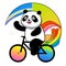 panda rides a bicycle on a rainbow background. vector illustration. AI Generated