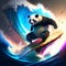 A panda rides a surfboard in the ocean. 3D illustration AI Generated