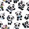 Panda seamless pattern. Cute little bamboo bears, funny china animals with different gestures, kids wallpaper art design