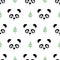 Panda seamless pattern with green twigs. Cute vector background with baby animal panda.