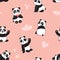 Panda seamless pattern. Happy cute flying panda bears, adorable chinese wild zoo animals. Colorful childrens cartoon