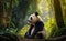 A panda sitting down and staring in a bamboo forest, generative AI