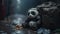 Panda sleeping in a black trash bag Among the piles of plastic waste and the rain, the concept of saving the planet. Generative AI