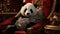 A panda in stunning detail, its fur like a cascade of silver and ebony, set against a background of opulent garnet. The lighting,