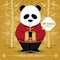 Panda wears traditional costume and says hello in Chinese language.