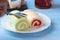 Pandan roll cake and strawberry swiss roll cake