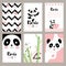 Pandas invitation cards. Newborn cute animals of chinese bear holiday vector placard design templates for kids