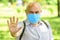Pandemic concept. Limit risk infection spreading. Senior man face mask. Mask protecting from virus. Older people highest