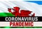 PANDEMIC of coronavirus COVID-2019 on Wales country flag background. 3D rendering of coronavirus bacteria. Wales flag illustration