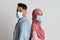 Pandemic Life. Portraif Of Muslim Couple In Protective Medical Face Masks