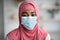 Pandemic Portrait. Black Muslim Lady In Hijab Wearing Protective Medical Mask
