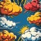 panel collage featuring vibrant comic-style illustrations of sunbursts, clouds, and explosive effects with halftone patterns