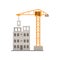 Panel house construction with crane, residential house building process vector Illustration on a white background