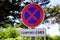 Panel road sign text camping car no campervan motorhome parking prohibited recreational vehicule rv symbol ban red blue round