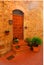 A paneled wood door in a stone house with potted plants and flowers in a Tuscan hill town