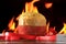 Panettone, decorative christmas food, on wooden table, fire background