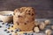 Panettone typical christmas food front view, blueberry and walnut. Selective focus, copy space