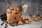 Panettone typical christmas food front view, blueberry and walnut. Selective focus, copy space