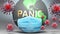 Panic and covid - Earth globe protected with a blue mask against attacking corona viruses to show the relation between Panic and
