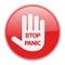 Panic stop sign. red warning hand with text on a white background