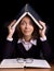 Panic woman with book at the table