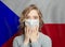 Panicked shocked woman in medical face mask on Czech Republic flag background. Flu epidemic and virus protection concept