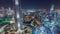 Paniramic skyline view of Dubai downtown with mall, fountains and Burj Khalifa aerial night timelapse