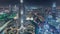 Paniramic skyline view of Dubai downtown with mall, fountains and Burj Khalifa aerial night timelapse