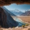 Panj river and Pamir mountains. Panj is upper part of Amu Darya river. Panoramic view.Tajikistan and Afghanistan