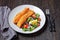 Panko crusted baked salmon fillets, veggies salad