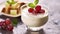 Panna Cotta Sweet Grape Dessert Classic Refreshing. Delicious Vanilla Cooked Cream Yogurt with Fruit Thickened with Gelatin and