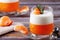 Panna Cotta with tangerines, jelly and rosemary, Italian dessert, home cooking. Copy space