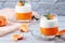 Panna Cotta with tangerines, jelly and rosemary, Italian dessert, home cooking. Copy space