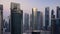 Panning across the skyline of the West Bay financial district of Doha at sunset