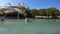 panning footage of the Tennessee Amphitheater in a gorgeous autumn landscape with rippling green water