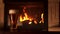 Panning shot full glass of appetizing cooled refreshment beer with foam surrounded by fireplace