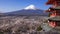 Panning shot of Mt. Fuji with Chureito Pagoda in Spring, Fujiyoshida, Japan