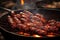 panning shot of sausages over glowing charcoals
