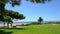 Panning shot from shot nice looking trees and a beach to a green golf field in Vale do Lobo, Portugal.