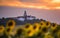 Pannonhalma Archabbey with sunflowers on sunset time