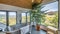 Pano Bathroom interior with slope wooden ceiling and stainless steel bathtub with floor mounted faucet