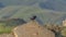 Pano Close up of small black bird perched on top of a damaged road on a sunny day