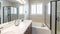 Pano Interior of a master bathroom with double vanity sink and windows